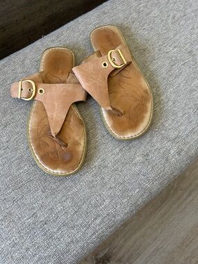 Born Tan Leather Buckle Thong Sandals